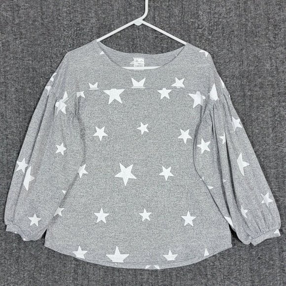 Moda Sweater Womens M Gray All Over Stars Print Pullover 3/4 Balloon Sleeve - Picture 1 of 8